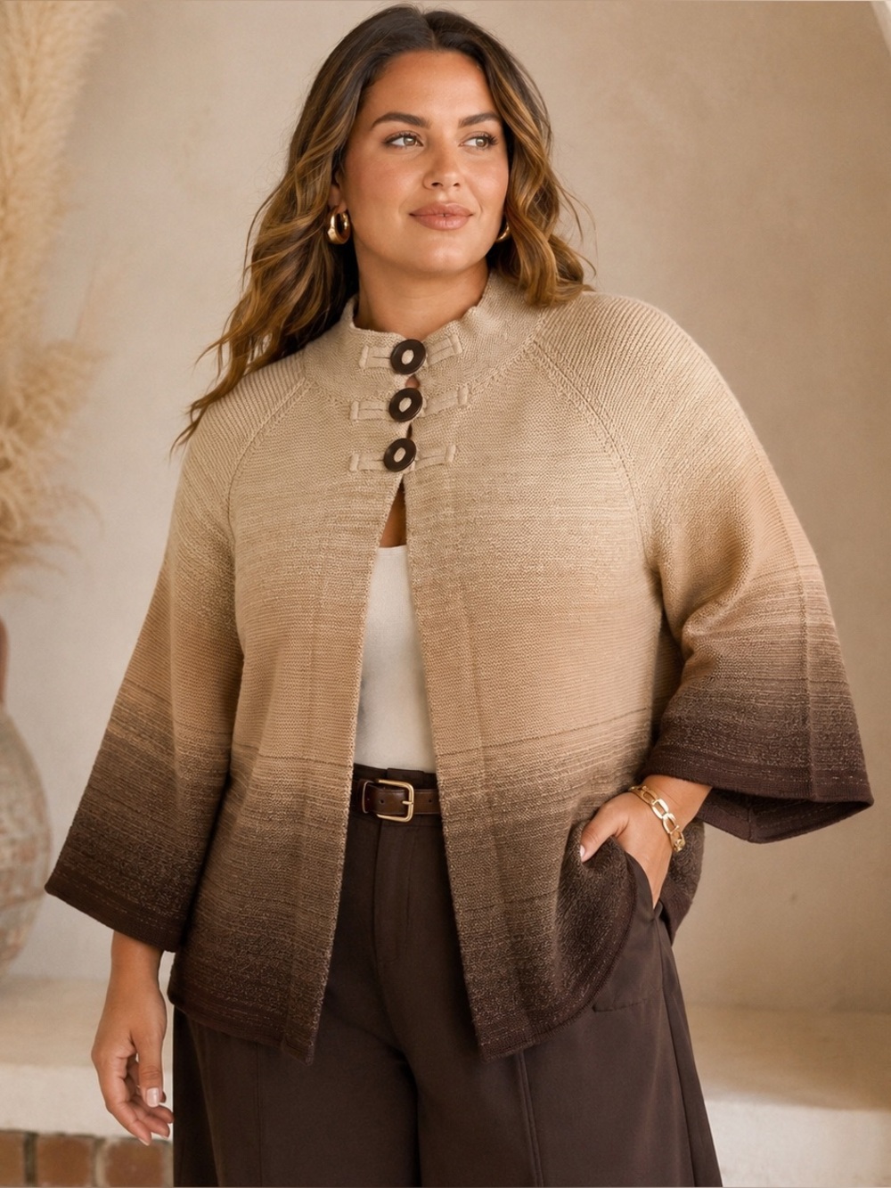 Jones New York Women 2X Ombre Cotton Cardigan Brown Cream Bell Sleeve Sweater